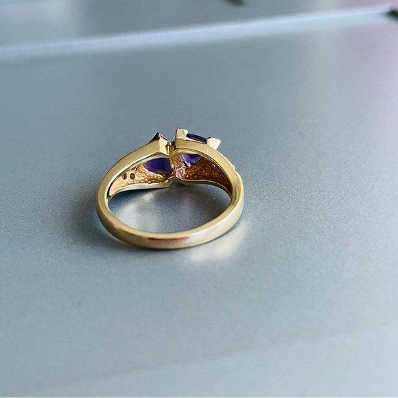 14k Gold Natural Diamond & Amethyst Diamond Two Stone Trillion Cut Ring - Picture 7 of 12